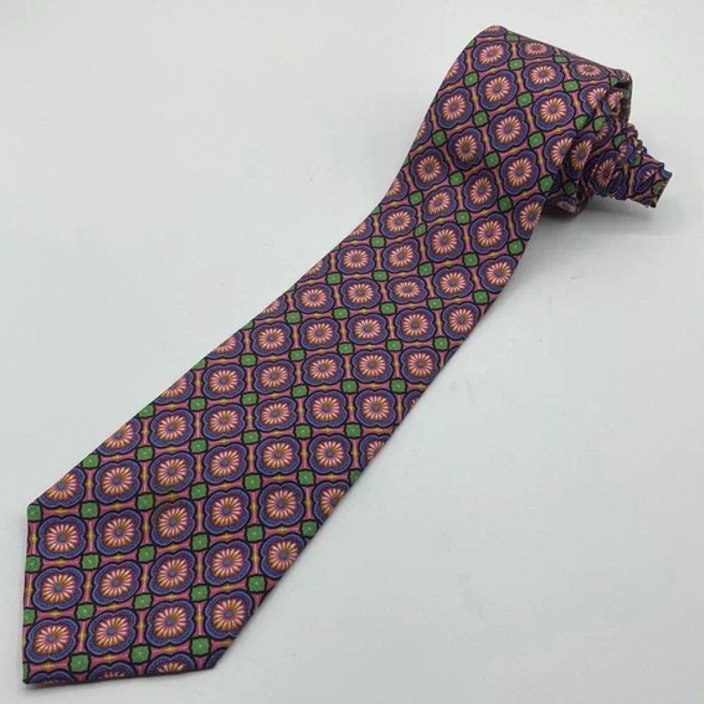 J. Crew 100% Silk Pink Yellow Green Lavender All Over Abstract Printed N…